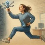 Une développeuse LLM brandissant le sceptre futurist couteau-suisse représentant les modèles de fondation.